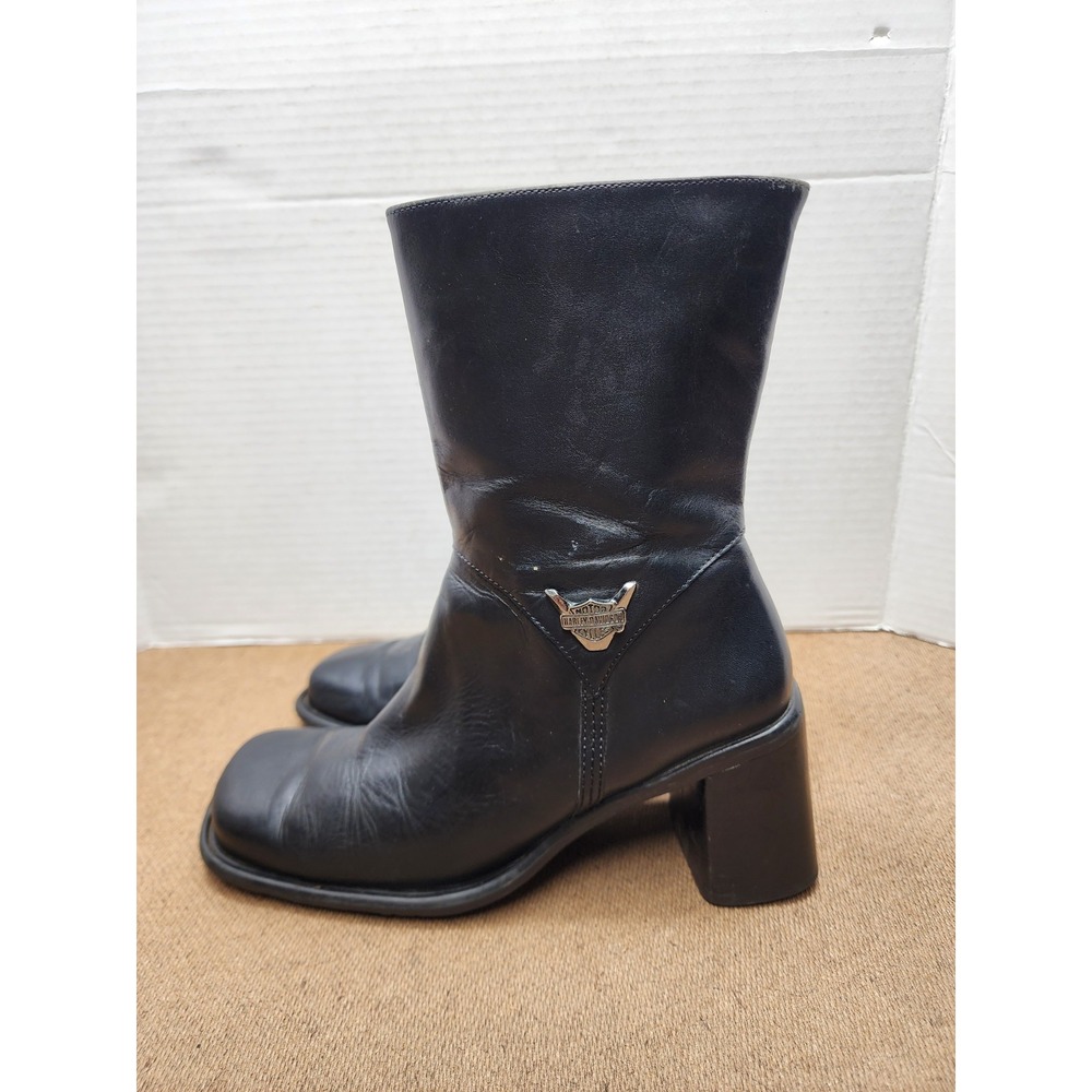 Vintage Harley Davidson Leather Chunky Platform Block Heel Boots in Black 6
